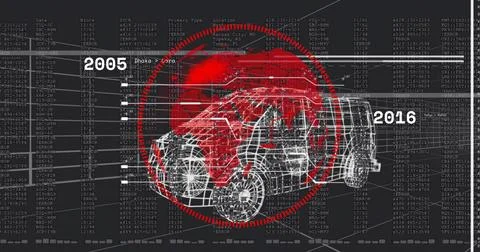 Showing wireframe car model over red world map on dashboard, featuring timeline 스톡 일러스트