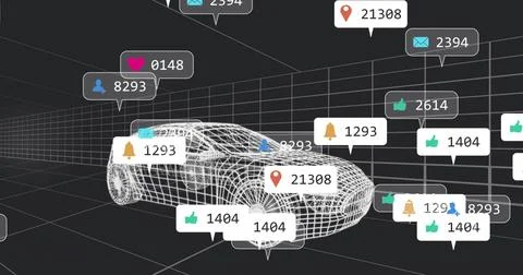 Showing wireframe car model in virtual grid space, with floating notification Illustrazione stock
