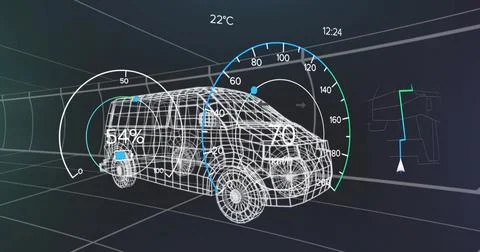 Showing wireframe cargo van in virtual tunnel, displaying left or right gauges Stock Illustration