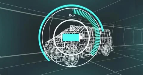 Showing wireframe compact SUV-style vehicle centered in virtual tunnel, Stock Illustration