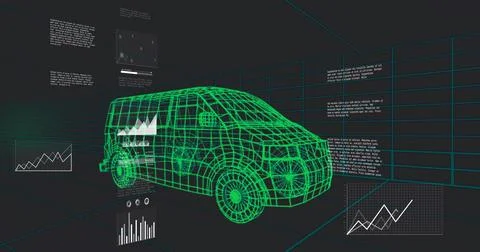 Showing wireframe compact van occupying center in design studio, with grid fl Illustrazione stock