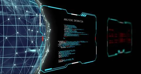 Showing wireframe globe, glowing nodes in cyberspace, HUD showing ANALYSING Stock Photos
