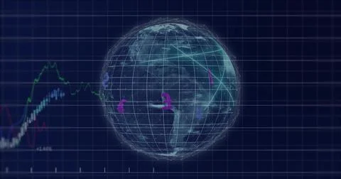 Showing wireframe globe mapping finance charts at digital dashboard with magenta Stock Illustration