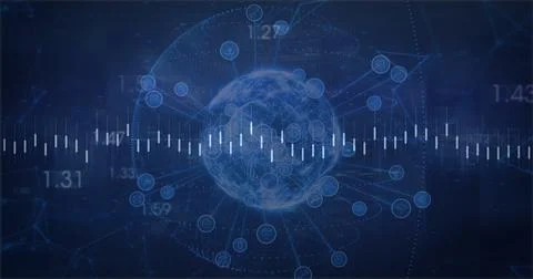 Showing wireframe globe pulsing in interface with node icons, connections, Stock Photos