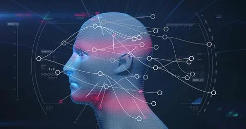 Showing wireframe head scanning with network nodes, HUD rings on dark blue 库存插图