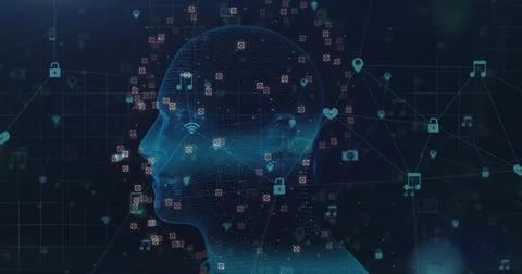 Showing wireframe head streaming data flow in virtual network, with padlock 스톡 사진
