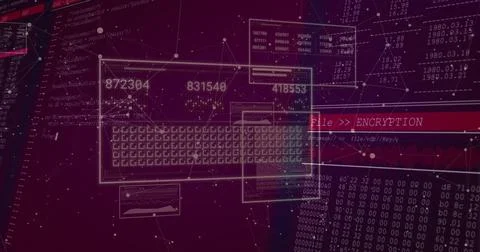 Showing wireframe keyboard centered in data UI, with red File ENCRYPTION banner, Stock Illustration