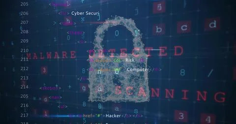 Showing wireframe padlock pulsing on security dashboard, MALWARE DETECTED, 写真素材