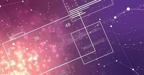 Showing wireframe panels and network nodes over digital gradient, labeling Stock Illustration