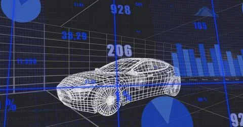 Showing wireframe sedan model hovering over 3D grid in analytics with numeric Stock Illustration