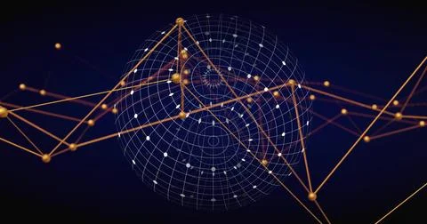 Showing wireframe sphere floating in network with orange lines, golden nodes  Stock Illustration