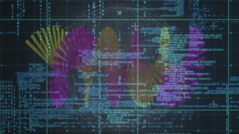 Showing wireframe sphere visualizing network with radial bars over code overlay Stock Footage 309109691