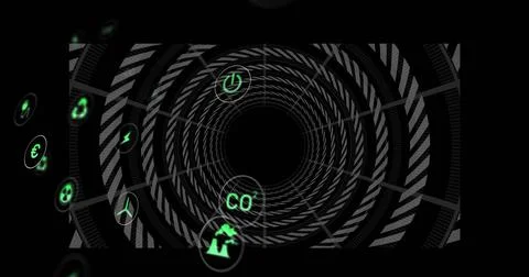 Showing wireframe tunnel in digital void, with floating neon green finance, Stock Illustration