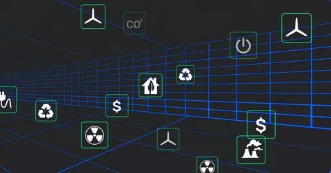 Showing wireframe tunnel streaming data in corridor, with wind turbine, CO2, Illustrazione stock
