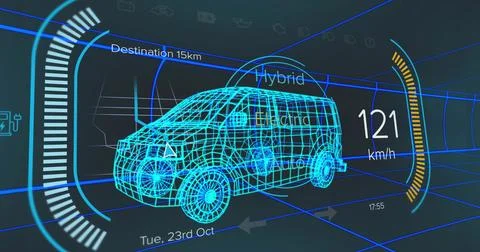 Showing wireframe van cruising in grid, with HUD power bar, speedometer, mode Stock Illustration