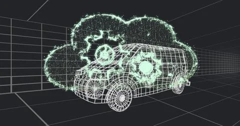 Showing wireframe van model floating in virtual grid, displaying neon-green Stock Illustration