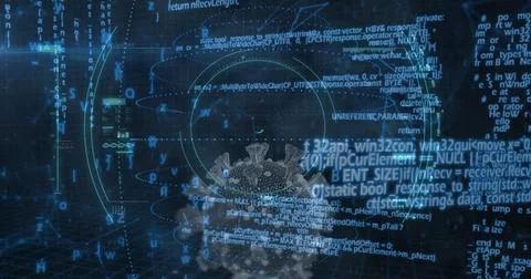 Showing wireframe viral particle rotating in virtual analysis, with HUD rings, Stock Illustration