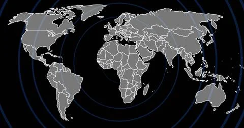 Showing world map on black background with grey landmasses, white borders and Stock Photos