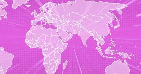 Showing world map centered in digital art, with white outlines, pink-purple Stock Illustration