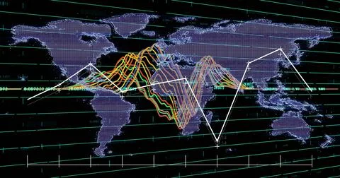 Showing world map with colorful waveforms and grid lines on dark data console, Stock Photos