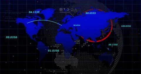 Showing world map data glowing on dark grid dashboard, with cyan arc, red arrow, Stock Illustration