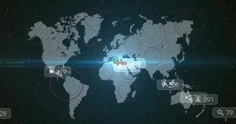 Showing world map with data on starfield interface and red circles, numeric 스톡 일러스트