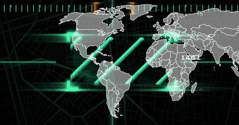 Showing world map graphic on digital dashboard, featuring glowing teal beams and Stock Illustration