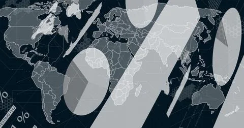 Showing world map outline visualizing data on dashboard, with hex grid, charts, Stock Illustration