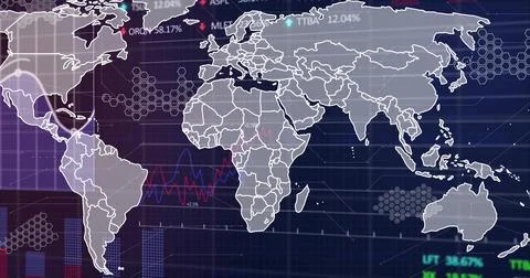 Showing world map outlines over dark dashboard with red-blue line and bar charts 스톡 사진