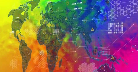 Showing world map overlaying analytics dashboard, with hex grids warning icons Illustrazione stock