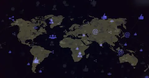 Showing world map projecting thumbs-up and at-sign icons over dark grid plane, Fotos Stock