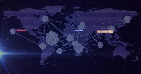 Showing world network map linking user nodes with glow lines, hub nodes, colo Illustrazione stock