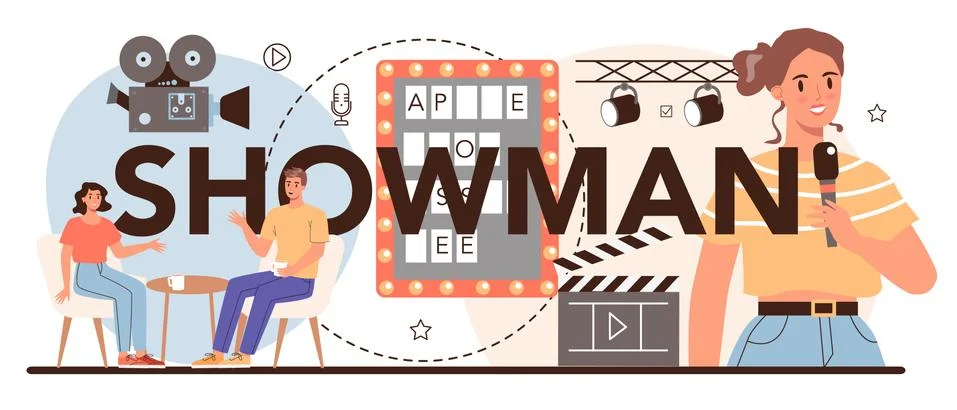 Showman typographic header. Television host in studio, TV presenter Stock Illustration