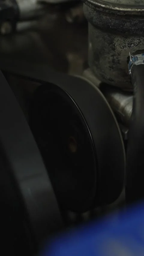 Shown is the drive belt (or accessory belt) of an automobile engine Stock Footage 336711642