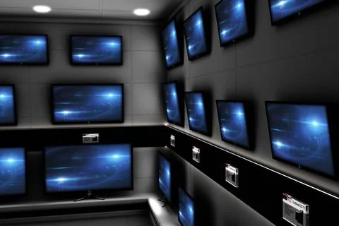 Showroom is displaying corner wall-mounted flat-screen TVs with electronic price Stock Illustration