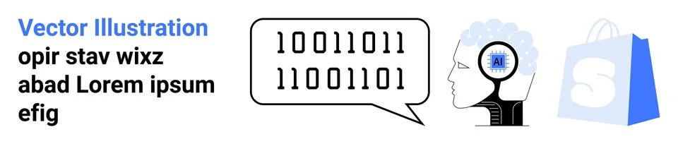 Shows a digital brain, binary code, and a shopping bag. Ideal for AI, technol 스톡 일러스트