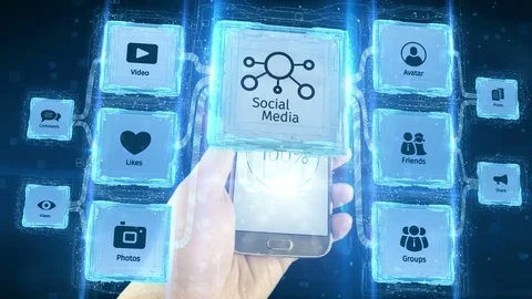 Shows social media network scheme concept visualizing from mobile devices. Black Stock Footage 76654445