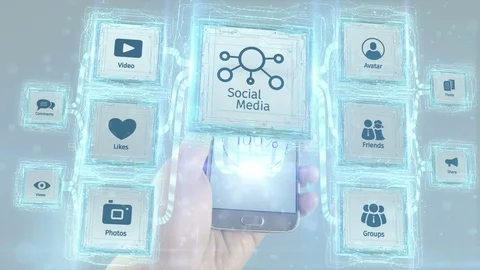 Shows social media network scheme concept visualizing from mobile devices. White Stock Footage 76654655