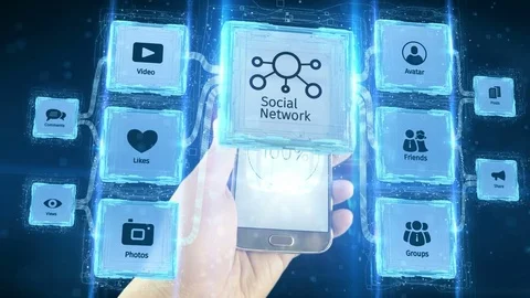 Shows social network scheme concept visualizing from mobile devices. Black Stock Footage 76655047