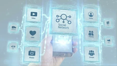 Shows social network scheme concept visualizing from mobile devices. White Stock Footage 76655268