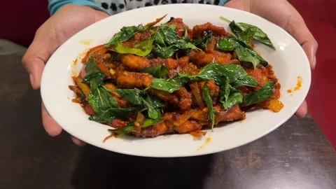 Shredded chicken in thai basil leaf served in a white plate Stock Footage 308100699