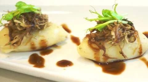 Shredded duck with mashed potatoes course meal dish Stock Footage 53793251