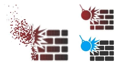Shredded Pixel Halftone Brick Wall Destruction Icon Stock Illustration
