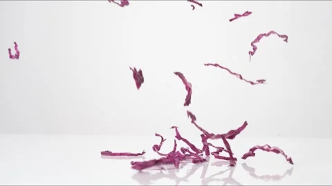Shredded Purple Cabbage Bouncing Slow Motion White Tabletop Closeup Macro Food Stock Footage 335006195