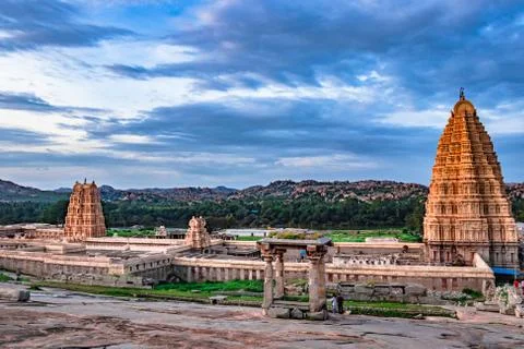 Shree virupaksha temple with bright dramatic sky background at evening Фото