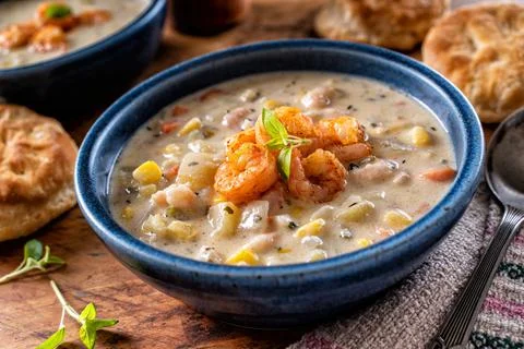 Shrimp and Corn Chowder Stock Photos