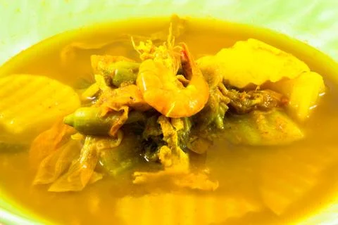 Shrimp and mixed vegetable in tamarind sauce Stock Photos