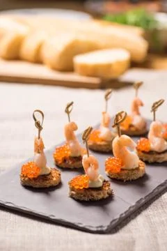 Shrimp Appetizer served on toasted bread Stock Photos