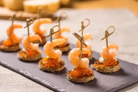 Shrimp Appetizer served on toasted bread Stock Photos