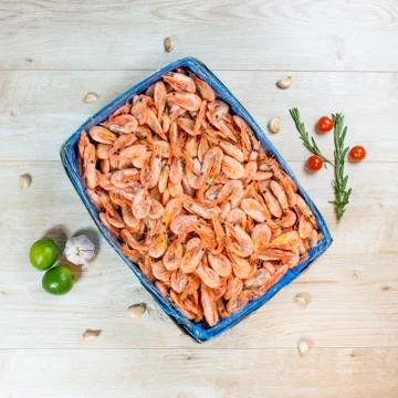 Shrimp in a big box on the table Stock Photos